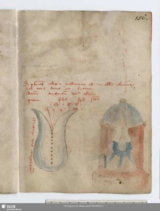 156r: 2 kolorierte Federzeichnungen: Glaskolben; Destillierofen