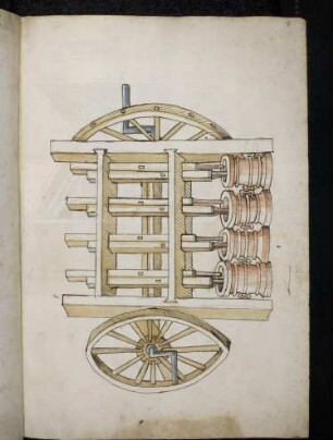 Stampfwerk (Pulverstampfe?) mit Schwungrädern und acht Balken