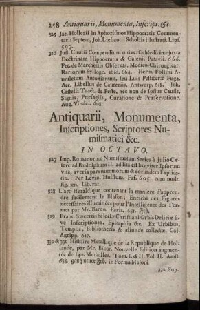 Antiquarii, Monumenta, Inscriptiones, Scriptores Numismatici & c. In Octavo.