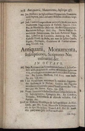 Antiquarii, Monumenta, Inscriptiones, Scriptores Numismatici & c. In Octavo.
