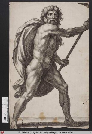 Figurenstudie eines stehenden nackten Mannes, bekleidet mit einem Umhang, der einen Stab in den Händen hält.