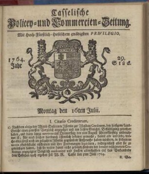 29. Stueck, Montag den 16ten Julii 1764