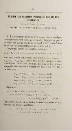 Mémoire sur certaines propriétés des résidus numériques.