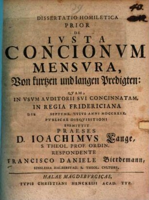 Diss. homilet. prior de iusta concionum mensura