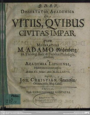 Dissertatio academica de vitiis, quibus civitas impar
