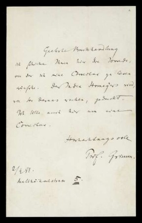 Brief von Herman Grimm an Dieterichsche Buchhandlung, Göttingen