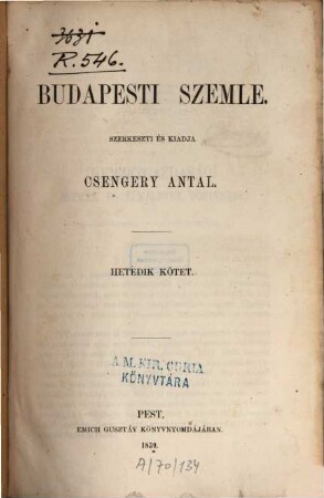 Budapesti szemle : a Magyar Tud. Akadémia megbízásából, 7. 1859