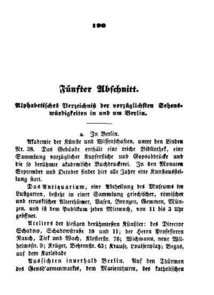 Fünfter Abschnitt. Alphabetisches Verzeichniß der vorzüglichsten Sehenswürdigkeiten in und um Berlin