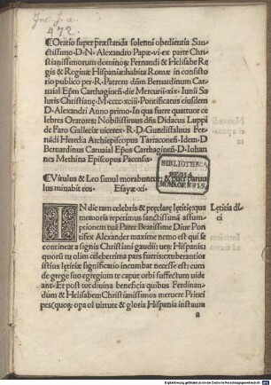 Oratio super praestanda oboedientia Alexandro papae VI. ex parte Ferdinandi et Isabellae regis et reginae Hispaniae : Rom, 1493.06.19