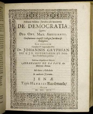 Velitatio Politico-Iuridica decima tertia De Democratia