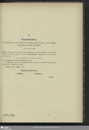 A. Bekanntmachung, die Versammlung der Stände des Königreichs Sachsen zum nächsten ordentlichen Landtage betreffend; vom 3. Oktober 1905