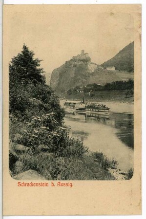 Aussig. Schreckenstein an der Elbe mit Personen-Seitenraddampfer
