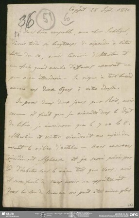 Eigenh. Brief von Auguste Louis de Staël-Holstein an August Wilhelm von Schlegel, Coppet, 28.09.1820
