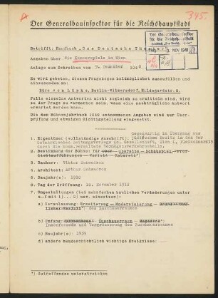 Kammerspiele, Wien: Fragebogen für das Handbuch »Das Deutsche Theater«, vierseitiges Dokument