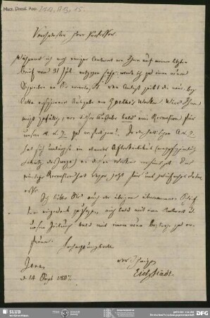 Eigenh. Brief von Heinrich Carl Abraham Eichstaedt an August Wilhelm von Schlegel, Jena, 14.09.1807