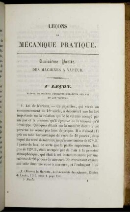 Lecons de Mécanique Pratique Troisième Partie. I. Lecon - X.