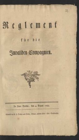Reglement für die Invaliden-Compagnien : De Dato Berlin, den 4. August 1788