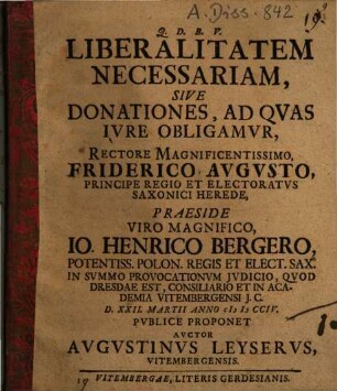 Liberalitatem Necessariam, Sive Donationes Ad Qvas Ivre Obligamvr
