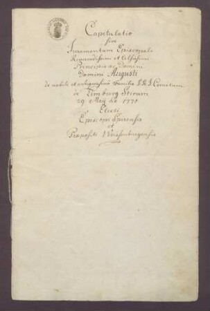 Wahlkapitulation des Bischofs August von Speyer.