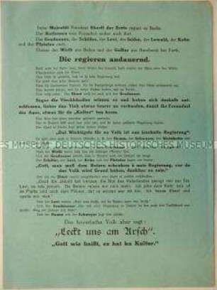 Antisemitisches Flugblatt aus Bayern mit Betonung des angeblichen Unterschiedes der "jüdischen Regierung" in Berlin und dem bayrischen Volk mit mundartlichen Ausführungen