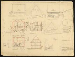 Wohnhaus mit Zahnarztpraxis für Herrn Friedrich Kraatz, Kolberg: Ansichten, Grundrisse, EG, DG, KG, Querschnitt 1:100 Innenansicht, Lageplan 1:500