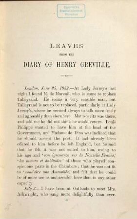 Leaves from the diary of Henry Greville : Edited by the Viscountess Enfield, I