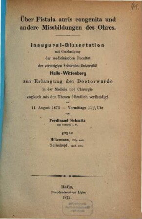 Ueber Fistula auris congenita und andere Missbildungen des Ohres : Inaugural-Dissertation
