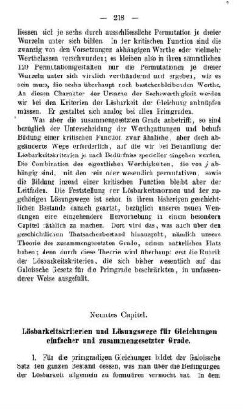 Neuntes Capitel. Lösbarkeitskriterien und Lösungswege für Gleichungen einfacher und zusammengesetzter Grade.