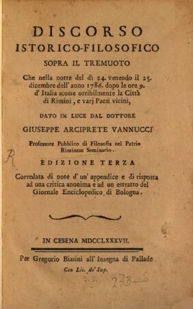 Discorso sopra il Tremuoto ... dell'an 1786