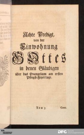 Achte Predigt, von der Einwohnung GOttes in denen Gläubigen über das Evangelium am ersten Pfingst-Feyertage.