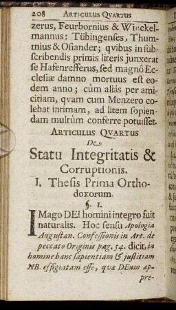Articulus Quartus De Statu Integritatis & Corruptionis