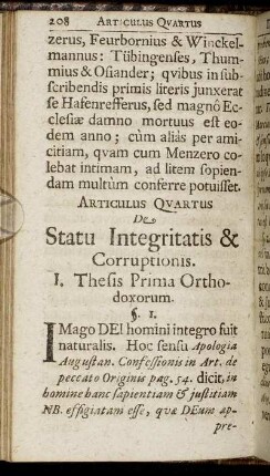 Articulus Quartus De Statu Integritatis & Corruptionis