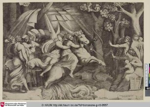 [Clélie traversant le Tibre, et ramenant à Rome ses compagnes qui étoient prisonnières dans le camp de Porsenna; Cloelia flieht mit den Frauen über den Tiber]