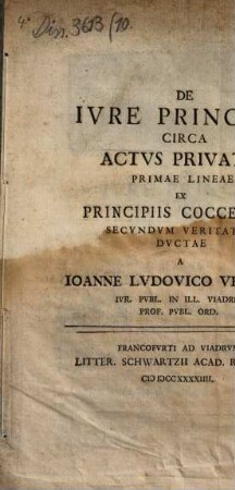 De iure principis circa actus privatos primae lineae ex principiis Cocceianis ductae
