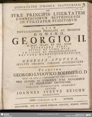 Dissertatio Iuridica Inauguralis De Iure Principis Libertatem Commerciorum Restringendi In Utilitatem Subditorum