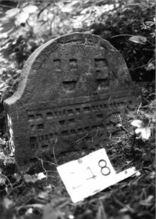 Grabstein 248 (Index: 99803359) Material: Sandstein Zustand: vorne verwitt/Textverl/eingesunken Maße HxBxT: 45x55x12 cm Beschreibung: Stele mit Karniesbogen und profiliertem Rand: Grabstein 248