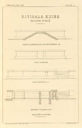 Plate O. Ritigala ruins. Building No. 40 "B". Front elevation & section through A. B. Back elevation. Side elevation (south). Section through C. D. E. F.