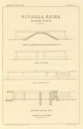 Plate O. Ritigala ruins. Building No. 40 "B". Front elevation & section through A. B. Back elevation. Side elevation (south). Section through C. D. E. F.