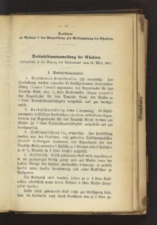 Deckblatt zu Anlage 8 der Anweisung zur Bekämpfung der Cholera