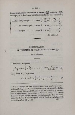 Démonstration du théorème de staudt et de clausen.