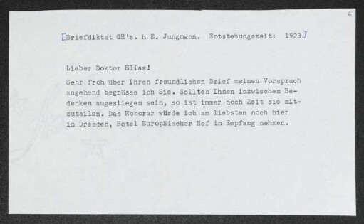 Brief von Gerhart Hauptmann an Julius Elias