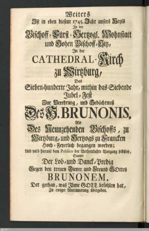 Siebendes Jubel-Fest zur Verehrung und Gedächtnuß des H. Brunonis als des neunzehenden Bischoffs zu Wirtzburg, und Hertzogs zu Francken