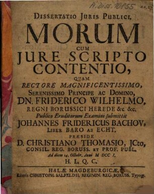 Dissertatio iuris publici de morum cum iure scripto contentio