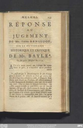 Réponse Au Jugement De Mr. l'Abbé Renaudot, Sur Le Dictionaire Historique Et Critique De Mr. Bayle.
