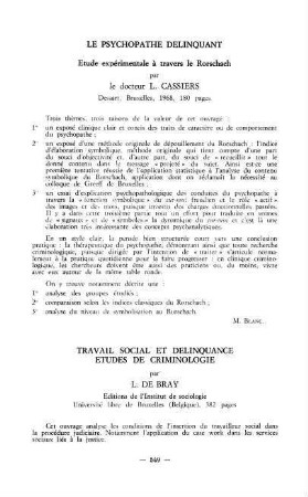 549-550, Travail social et délinquance. Etudes de criminologie, par L. de Bray