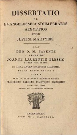 Diss. de evangeliis secundum Ebraeos, Aegyptios atque Justini martyris