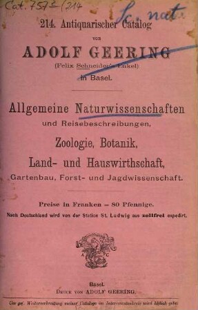 Antiquarischer Catalog von Adolf Geering in Basel. 214. [ca. 1890]
