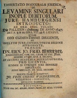 Diss. inaug. ... de levamine singulari inopiae debitorum, iure Hamburgensi introducto