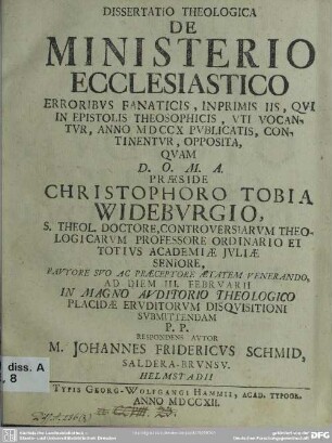 Dissertatio Theologica De Ministerio Ecclesiastico Erroribus Fanaticis ...