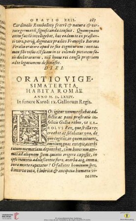 Oratio Vigesimatertia, Habita Romae. Anno M. D. LXXIV.